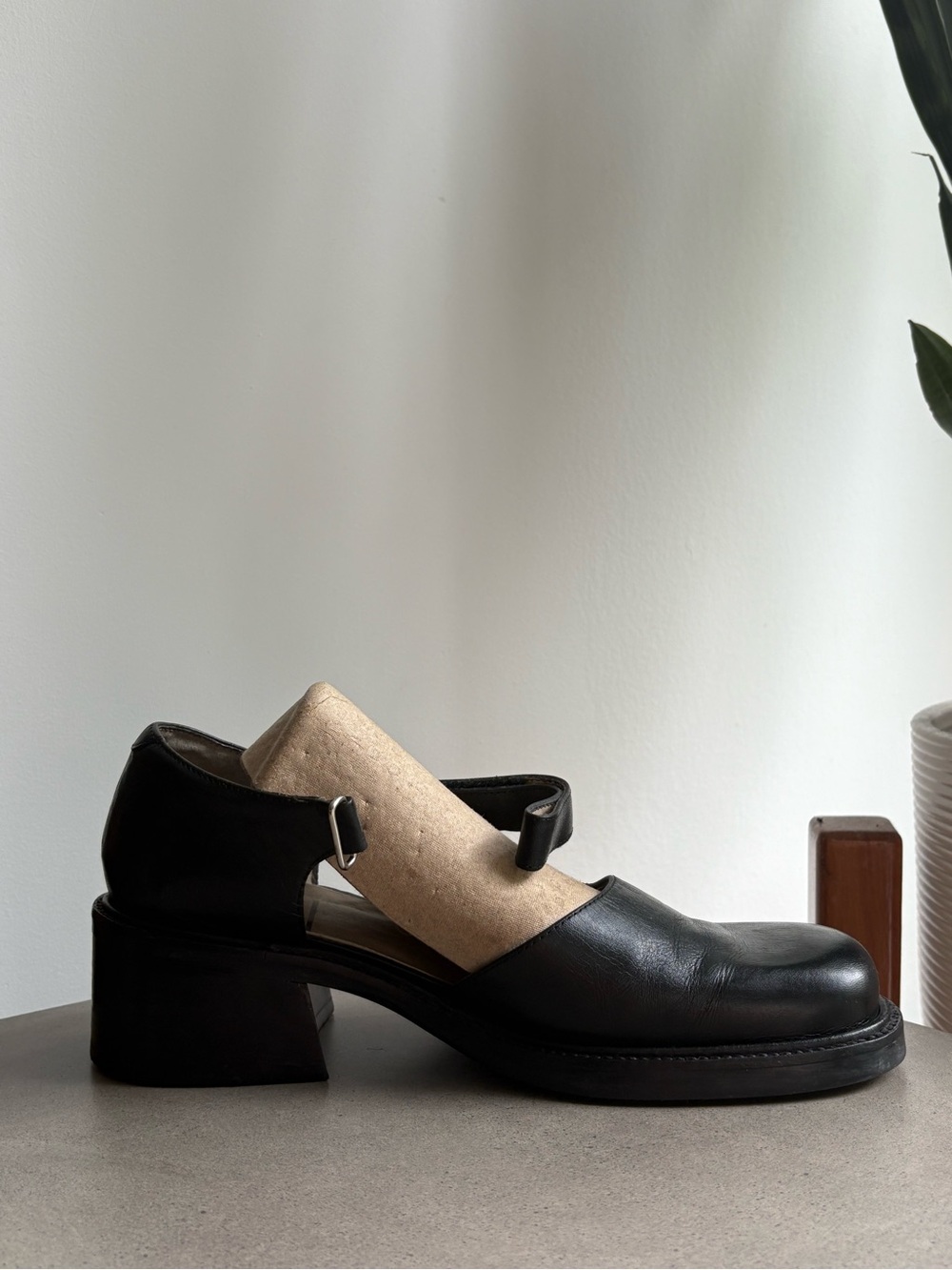 Vintage Black Leather Square Toe Mary Jane Heels